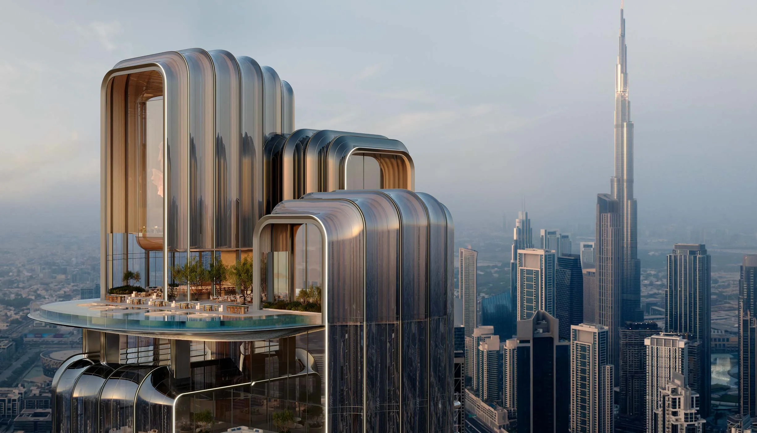 Luxury Dubai penthouse interior with floor-to-ceiling windows and city views